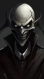 Placeholder: Realistic anime art style. A completely dark shadow humanoid figure with a wide sharp grin and pale white eyes