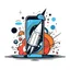 Placeholder: Image: A rocket launching from a smartphone, leaving a digital trail. Style: Retro Pop. Mood: Fun and Upgrading. Lighting: Energetic and dynamic. LOGO design graphic, vector, contour, white background