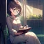 Placeholder: anime girl sitting on a porch swing of an old house, journaling, wearing pajamas, writing in a book, shes watching it rain, more detail on hands and her face,shes deep in her thoughts, wearing glasses, rain drops, she has a pencil in her hand and is writning in the book, she is looking down at what she is writing