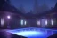 Placeholder:  courtyard ,pool , night time , unity, scriptable render pipeline , lighting , volumetric , global illumination, fog ,blue emission , purple tone.