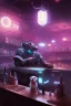 Placeholder: dog and gun in a cyberpunk bar, digital art style. fantasy,particales, wide shot,