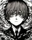 Placeholder: A young man under water with dark world all thing around him Black like anime junji ito manga Black and white