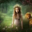 Placeholder: Young beautiful girl next to majestic, stunning lion on nature forest path, floral crown on girl, Chronicles of Narnia, 8k resolution, high-quality, fine-detail, iridescent, intricate, digital art, detailed matte, volumetric lighting, beautiful, illustration, 3D octane render, brian froud, howard lyon, selina french, anna dittmann, annie stokes, lisa parker, greg rutowski,