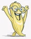 Placeholder: cute line drawing of a funny yellow banana character wearing glasses on a white background.