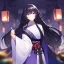 Placeholder: Clear focus,High resolution, black long fluffy hair, long fluffy bangs, purple eyes, wearing a kimono outfit, wearing a short skirt,