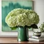 Placeholder: Huge bouquet of hydrangea in light green and dark green color ,in a white stylish ceramic flower vase on a Wood table with a modern painting behind on the wall