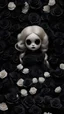 Placeholder: A creepy doll surrounded by black roses on a black background.