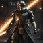 Placeholder: star wars bald male corellian pilot wearing pearlescent black and gunmetal grey First Order special forces heavy assault stealth commando armor and helmet with gold trim inside the jedi temple, hyperdetailed, dynamic lighting, hyperdetailed background, 8k resolution, volumetric lighting, light skin, fully symmetric details