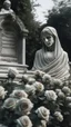 Placeholder: A grave with a statue of a woman behind it, and above it a white lace scarf and seven white roses. Cinematic picture