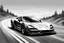 Placeholder: generate an image fast car on the On a somewhat bumpy road outside like a draw minimal style black and white pencil style.