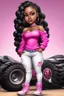 Placeholder: Create a digital airbrush cartoon of a curvy African American chibi female wearing tight white jeans and a off the shoulder hot pink blouse. She is also wearing timberland boots. Prominent make up with hazel eyes. Highly detailed very long extremely braids of black hair. Her skin is smooth and silky. Background of a track of ATV riders.