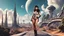 Placeholder: Photorealistic, full Body Photo Of An Exotic Sci-Fi Pin-Up Girl, With dark Hair with Bangs, on an alien Planet With Cloud Trees, Tall Spires, Buildings, Bridges, Arches