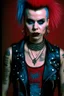 Placeholder: photo of a beautiful Polish young punk woman taken by a Mamiya M645 camera with portrait lens on colour medium-format film, red lips, blue eyes, red mohawk, black leather jacket, Ramones style, heavy boots, fishnet stockings, torn t-shirt, nosering, few earrings, belly ring