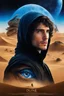 Placeholder: Movie 'Dune' aesthetic, double exposure movie poster featuring blue eyes mid-length haired hooded Paul Atriedes (Timothée Chalamet) leading Arrakis desert Fremen warriors, sand worm, cosmic background, modern movie poster composition reminiscent of Drew Struzan, artistic digital photography, sci-fi