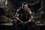 Placeholder: in einer postapokalyptischen Zukunft: mad max film style. ein fetter, häßlicher, schmieriger kerl mit tattoos, Narben, detaillierte zerissene und sehr dreckige Kleidung aus Schrott und Müll, Metallteilen, Gürteln, Taschen, Nägeln, Schläuchen. dreckige stiefel. sitzt in einem düsteren Keller, zeigt mit hand zur Seite. böses lachen. in postapokalyptischer Umgebung. extrem lebensechter Fotorealismus, improvisierte maske, düstere Stimmung, düsteres blaues licht. alles ist kaputt, dreckig und rostig.