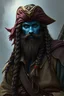 Placeholder: A male Air Genasi from Dungeons and dragons. Trum as a pirate with a long braided beard, wearing pirate clothes, and blue skin. He is in his mid twenties