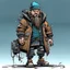 Placeholder: streetpunk vandal cyperpunk dwarf with cybernetic legs, dressed with a coat and beanie