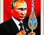 Placeholder: Russia president satan Vladimir Putin, evil fangs, blood and Moscow in fire atomic bomb cudgel