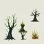 Placeholder: "Isolated concept art of multiple types of alien tree on a plain neutral background. Designed for different biomes: Forest biome – lush, dense, tall grass with strange broad blades, glowing tips, and twisted leaves. Swamp biome – slimy, wet, moss-like grass with tangled roots, bioluminescent details, and spongy textures. Desert biome – dry, spiky, brittle grass with sharp edges, thorn-like blades, and pale dusty colors. Each grass type should have a unique silhouette and texture.
