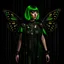 Placeholder: Full body, gothic woman with a bob with a fringe hairstyle, steampunk metal moth wings, green markings, black background