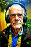 Placeholder: acrylic portrait of a grandfather, emotions, rain, flowers, umbrella, autumn, paint blots, splashes, tears, plants, yellow, blue, green, orange colors