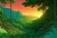 Placeholder: lush dense jungle, sunset, orizon above point view by moebius