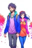 Placeholder: anime couple, walking , colorful, man with salt and pepper beard and woman with dark hair and blue eyes