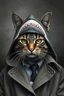 Placeholder: cat with shark mask hat solanain the trenches in the style of banksy