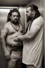 Placeholder: half figure shot photography of two ugly gypsies close, face to face, 41 years old with dreadlocks, overweight muscular chubby, tattoo, beard, bullneck, shirtless, manly chest, hairy torso , embraced, broken short pants,, angry eyes, in an elevator, top light, ambient occlusion, photorealistic, side view from the ground