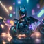 Placeholder: A Sharp Kawaii tiny hyper realistic baby batman riding mini harley davidson, wearing bikers clothes with freestyle action, night of cyberpunk city background. wide angle full body, 8k, Cinematography, photorealistic,epic composition Unreal Engine,Cinematic, Color Grading, Portrait Photography,Ultra-Wide Angle, Depth of Field, hyper detailed