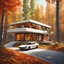 Placeholder: Cozy retreat, futuristic modern house in an autumn forest of vibrant colors. Contemporary design, clean lines and large windows, radiate a feeling of warmth and comfort. A white car parked on the winding road that leads to the house gives a touch of modernity to the rustic surroundings. The path is scattered with leaves. Around the house, mix of green, orange and yellow foliage. 8k