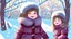 Placeholder: illustration style, 2 little girls, playing with snow, and very happy. The village was a hushed, frozen tableau, and its inhabitants, wrapped in cozy layers of wool, marveled at the winter wonderland that surrounded them. The sun's warmth melted the snow The trees stood as silent sentinels, their branches adorned with glistening jewels of ice, and the ground lay beneath a blanket of pristine white.