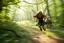 Placeholder: motion blur fast running caped long haired pixie Quickling - Forgotten Realms along winding branches in lush green forest along speeding horses , bokeh like f/0.8, tilt-shift lens 8k, high detail, smooth render, down-light, unreal engine, prize winning