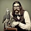 Placeholder: Awkward portrait Photo with a man and a woman with ugly glasses, 30 years old sitting on chair, serious look, long 1960 hair and mustasch, polaroid camera photo, holding small budgies