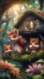 Placeholder: magazine cover with black border, adjust hue for evening, close up portrait of sleepy fox bug squirrel couple with weird worried cute huge eyes in a tree house in wonderful enchanted magical forest with amazing variety of plants and flowers,bokeh like f/0.8, tilt-shift lens 8k, high detail, smooth render, down-light, unreal engine, prize winning