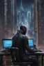 Placeholder: cyberpunk programmer black_Cat-human hybrid_Typing_on_computer_background binary codes, surrounded_by_mindent_3D_binary matrix codes and neutron mesh_etheral, Paranoid_sci-fi_in background_a_tall_cyberpunk_city, the cat hacker watchings monitor, Hyperrealistic texture, high detail, Sinister, cold dynamic lighting, dark-neon colors, Ultra_HD_intense_focus