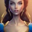 Placeholder: Disney Portrait of a Golden Princess, dark hair, sharp dark eyes, bright blue lighting, sarcastic smile, sharp focus hair.