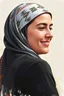 Placeholder: A Palestinian woman, 25 years old, wearing a keffiyeh, has a beautiful face, turns his face to the right, has a slight smile, his mouth is closed and his teeth are not visible, his eyes are looking to the left, he appears to be drawn with oil paints