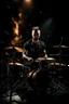 Placeholder: 4K realistic, Connor Mc gregor playing drums in a metal band, black background, bright flames all around