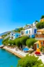 Placeholder: un barrio en grecia, a orillas del mar azul y transparente, repleto de casas, edificios pequeños y negocios hecho de oro vidrio y piedras preciosas. Con arboles, palmeras y flores y plantas tropicales, personas caminando en un día de mucho sol y de verano