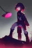 Placeholder: Leave the character above in another position facing the screen smiling, smiling in a psychopathic way, with one of his eyes open, glowing red, and holding the electric saw in his hand of it in front of the body