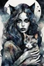 Placeholder: An abstract image of a woman holding her cat, with dark muted tones, a grim atmosphere, and a textured watercolor-like effect, focusing on intricate details, expressive features, and emotive themes, especially highlighting the eyes, hair, and raw emotion, muted tones, gradients