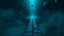 Placeholder: passage over nothingness, surreal, dark and cold abstract artwork dominated by deep blue, icy cyan, charcoal black and muted steel-grey tones. An narrow passageway emerges from an abstract distorted weird landscape, surrounded by thick fog and drifting mist. The space feels nightmare, alien and unsettling, with tiny floating circles and lines geometric forms, black onix column fragmented and unnatural perspectives. At the center of the composition cracked stone way over abyss