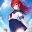 Placeholder: Clear focus, High resolution, medium length hair, cyan hair, red hairs, wearing a sailor uniform, (Falling from sky) (helpless) (Ilisration)