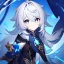 Placeholder: Genshin woman, Clear Focus High resolution, Calm Background, Light skinned woman, Black long beatiful hair, Dark blue sparkling eyes, Very Beatiful Face, Splash art, Cute Scene