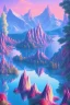 Placeholder: mountain with strawberry ice-cream on top, lake, trees, mystical, Post-painterly abstraction