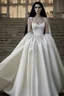 Placeholder: A very long wedding dress similar to Romanian dresses with long black hair Photorealistic