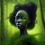 Placeholder: Painting .the face of A young black woman. A wood nymph emerging from the forest. Her hair looks like vines. Dreadlocs. Her skin is the colour of dark soil. Her skin looks like tree bark. Her clothing is made of vines, grass and leaves.