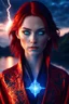 Placeholder: detailed blue eyes, female half elf, red sleek short lob hairstyle, detailed glowing ornamental magical pattern robe, glowing gem crackling with lightning implanted on robe, 8k, high detail, lake background, midnight, facing viewer, front facing