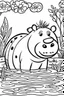 Placeholder: DRAW TO COLORING OF A HIPPO ON A LAKE, BLACK AND WHITE CARTOON STYLE, LOW DETAILS, THICK LINES, NO SHADING LINES